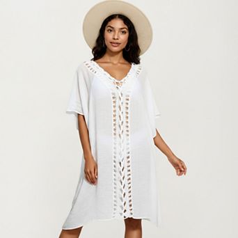 Women's Crochet Trim Swim Cover Up Dress Loose Short Sleeve Lightweight Beach Kaftan