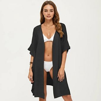 Women's Open Front Swim Cover Up Kimono with Ruffle Sleeves Lightweight Beach Cardigan
