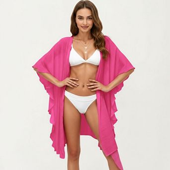 Women's Open Front Swim Cover Up Kimono with Ruffle Sleeves Lightweight Beach Cardigan