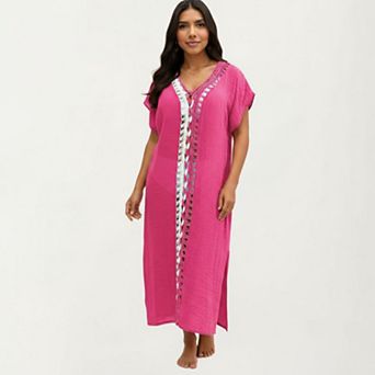 Women's Maxi Swim Cover Up Dress with Crochet Trim V Neck Short Sleeves Relaxed Lightweight Fit