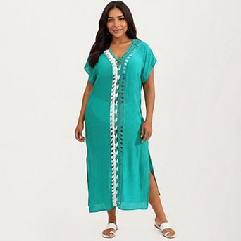 Women's Maxi Swim Cover Up Dress with Crochet Trim V Neck Short Sleeves Relaxed Lightweight Fit