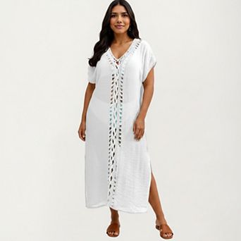 Women's Maxi Swim Cover Up Dress with Crochet Trim V Neck Short Sleeves Relaxed Lightweight Fit