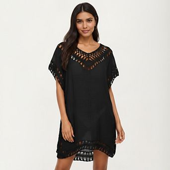Women's Swim Cover Up Dress with Crochet Trim Short Sleeves Relaxed Lightweight Beach Caftan