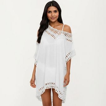 Women's Swim Cover Up Dress with Crochet Trim Short Sleeves Relaxed Lightweight Beach Caftan