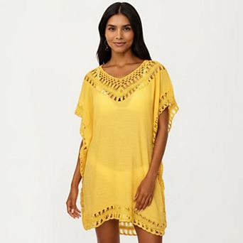 Women's Swim Cover Up Dress with Crochet Trim Short Sleeves Relaxed Lightweight Beach Caftan