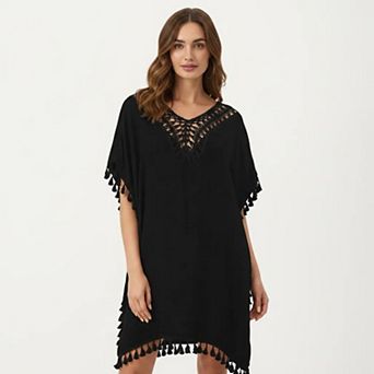 Women's Sheer Crochet V Neck Swim Cover Up Poncho with Tassel Trim and Flowy Silhouette