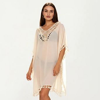Women's Sheer Crochet V Neck Swim Cover Up Poncho with Tassel Trim and Flowy Silhouette