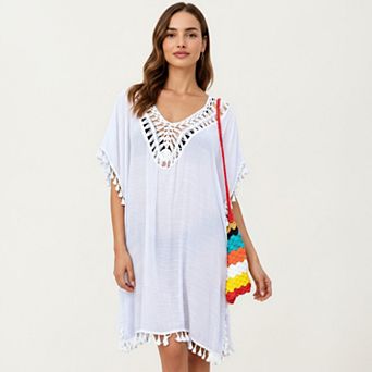 Women's Sheer Crochet V Neck Swim Cover Up Poncho with Tassel Trim and Flowy Silhouette