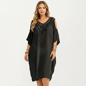 Women's Crochet V Neck Swim Cover Up Dress with Cold Shoulder Sleeves and Relaxed Fit
