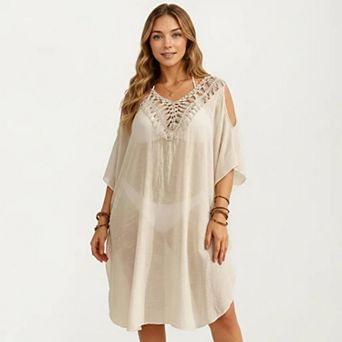 Women's Crochet V Neck Swim Cover Up Dress with Cold Shoulder Sleeves and Relaxed Fit