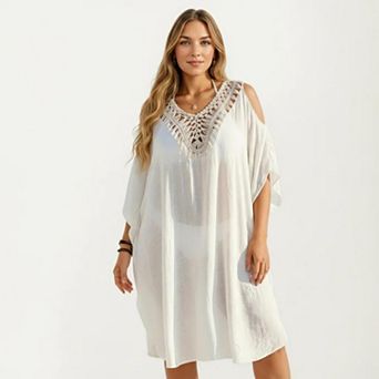 Women's Crochet V Neck Swim Cover Up Dress with Cold Shoulder Sleeves and Relaxed Fit