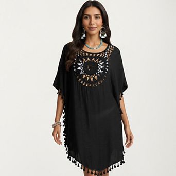 Women's Crochet Medallion Swim Cover Up Dress with Tassel Trim and Relaxed Boho Silhouette
