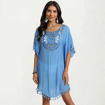 Women's Crochet Medallion Swim Cover Up Dress with Tassel Trim and Relaxed Boho Silhouette
