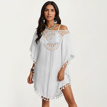Women's Crochet Medallion Swim Cover Up Dress with Tassel Trim and Relaxed Boho Silhouette