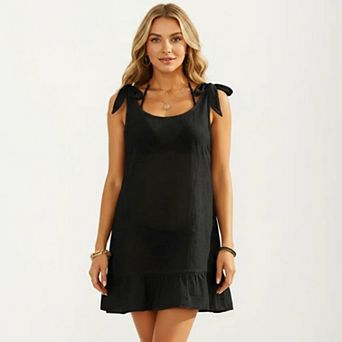 Women's Sleeveless Swim Cover Up Dress with Tie Shoulder Straps and Ruffle Hem Detail