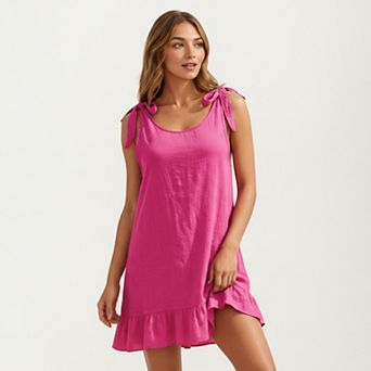 Women's Sleeveless Swim Cover Up Dress with Tie Shoulder Straps and Ruffle Hem Detail