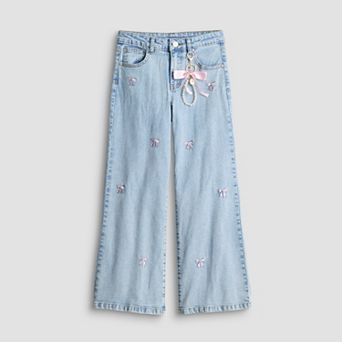 Girls 7-16 Harper & Ivy Wide Leg Bow Embroidered Denim Jeans with Keychain