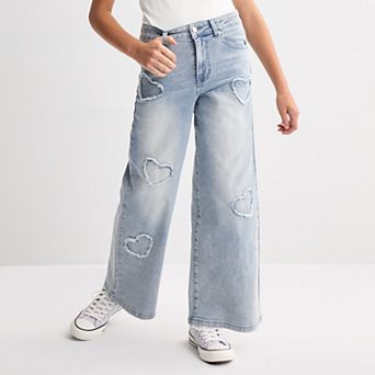 Girls 7-16 Harper & Ivy Wide Leg Frayed Heart Applique Denim Jeans