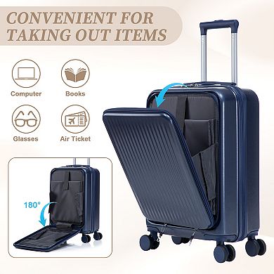14"/20" 2 pcs/set ABS Spinner Luggage, Combo Lock, Front Opening, 14" Cosmetic Case