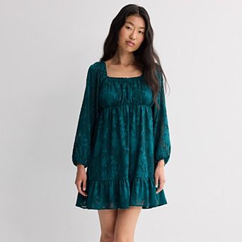 Juniors' Rewind Long Sleeve Lurex Jacquard Mini Dress