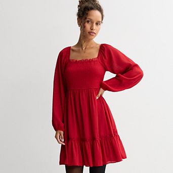 Juniors' Rewind Long Sleeve Smocked Lace Trim Mini Dress