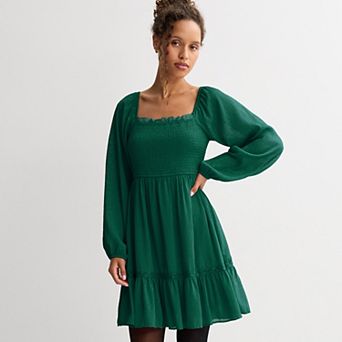 Juniors' Rewind Long Sleeve Smocked Lace Trim Mini Dress