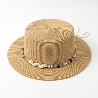 Women Straw Boater Hat Wide Brim Summer Sun Hat with Beaded Band Lightweight