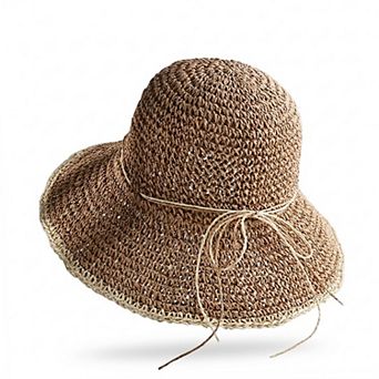Women Crochet Bucket Hat Lightweight Breathable Straw Summer Hat with Tie Detail