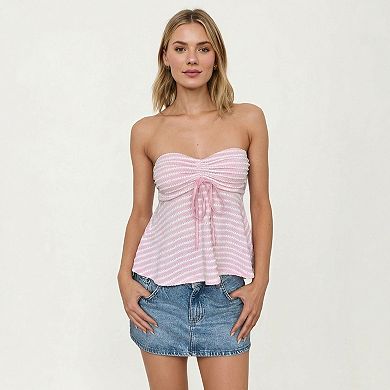 Women's Strapless Ruched Knit Tube Top Adjustable Tie Front Peplum Hem Stretch Textured Summer Top