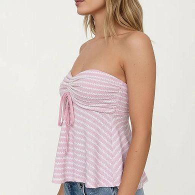 Women's Strapless Ruched Knit Tube Top Adjustable Tie Front Peplum Hem Stretch Textured Summer Top