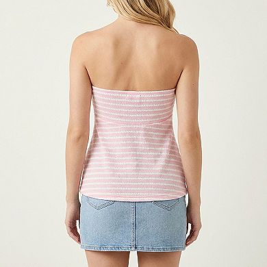 Women's Strapless Ruched Knit Tube Top Adjustable Tie Front Peplum Hem Stretch Textured Summer Top
