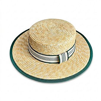 Women Straw Boater Hat Wide Brim Summer Sun Hat with Striped Band Trim