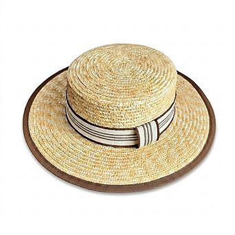 Women Straw Boater Hat Wide Brim Summer Sun Hat with Striped Band Trim