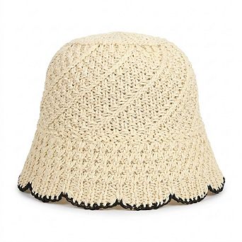 Women Crochet Straw Bucket Hat Scalloped Edge Wide Brim Summer Sun Hat