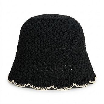Women Crochet Straw Bucket Hat Scalloped Edge Wide Brim Summer Sun Hat