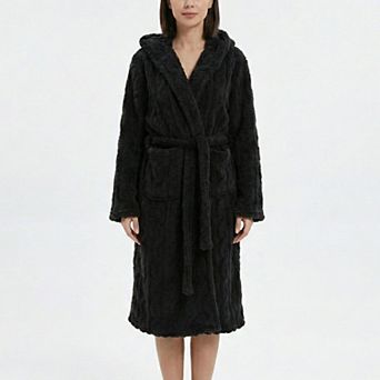 Women's Plush Hooded Long Sleeve robe with Textured Fleece Fabric Adjustable Waist Tie Wrap Design