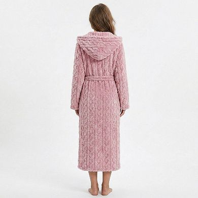 Women's Plush Hooded Bathrobe with Textured Cable Pattern Long Wrap Design Adjustable Waist Tie