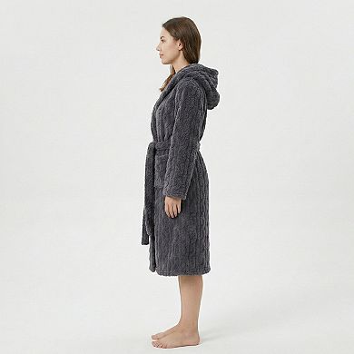 Women's Plush Hooded Bathrobe with Textured Cable Pattern Long Wrap Design Adjustable Waist Tie