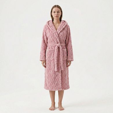 Women's Plush Hooded Bathrobe with Textured Cable Pattern Long Wrap Design Adjustable Waist Tie