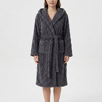 Women's Plush Hooded Bathrobe with Textured Cable Pattern Long Wrap Design Adjustable Waist Tie