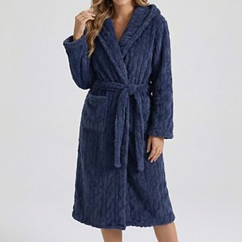 Women's Plush Hooded Bathrobe with Textured Cable Pattern Long Wrap Design Adjustable Waist Tie