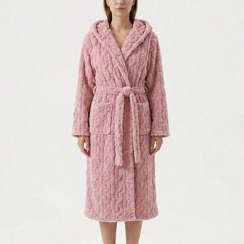 Women's Plush Hooded Bathrobe with Textured Cable Pattern Long Wrap Design Adjustable Waist Tie