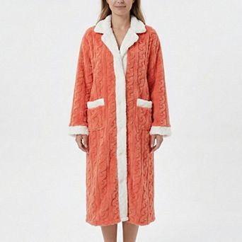 Women's Plush Long Bathrobe with Textured Cable Pattern Contrast Plush Trim Button Front Closure