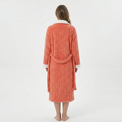 Women's Plush Long Bathrobe with Textured Cable Pattern Contrast Plush Trim Button Front Closure