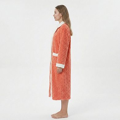 Women's Plush Long Bathrobe with Textured Cable Pattern Contrast Plush Trim Button Front Closure