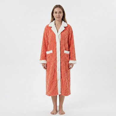 Women's Plush Long Bathrobe with Textured Cable Pattern Contrast Plush Trim Button Front Closure