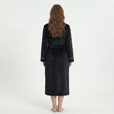 Women's Plush Hooded Bathrobe with Waist Tie Belt Long Sleeve Wrap Design and Front Patch Pockets