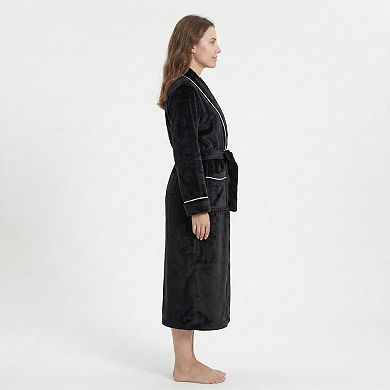 Women's Plush Hooded Bathrobe with Waist Tie Belt Long Sleeve Wrap Design and Front Patch Pockets