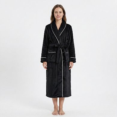 Women's Plush Hooded Bathrobe with Waist Tie Belt Long Sleeve Wrap Design and Front Patch Pockets