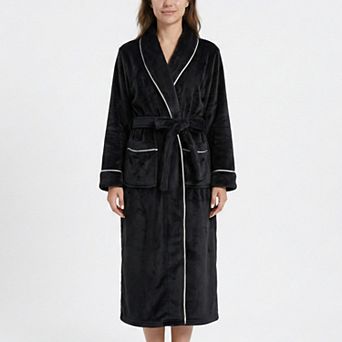 Women's Plush Hooded Bathrobe with Waist Tie Belt Long Sleeve Wrap Design and Front Patch Pockets